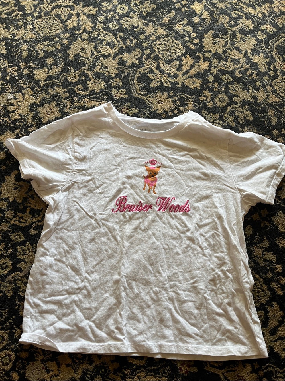 Women’s Crop Top White Graphic Tee with Pink Embroidery